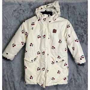 Kuling Kids Cherry Print Waterproof Winter Parka Cream Red Size 10 Hooded Jacket